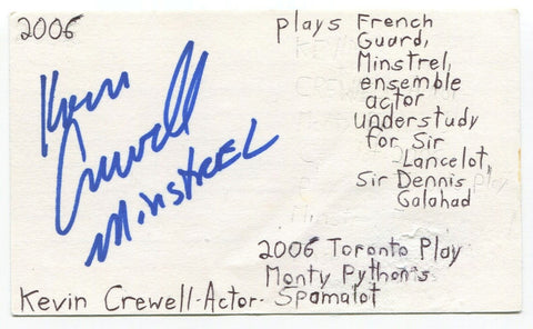 Kevin Crewell Signed 3x5 Index Card Autographed Canadian Actor