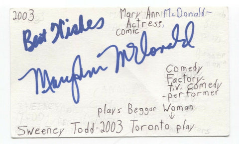 Mary Ann McDonald Signed 3x5 Index Card Autographed Signature Comedian Actress