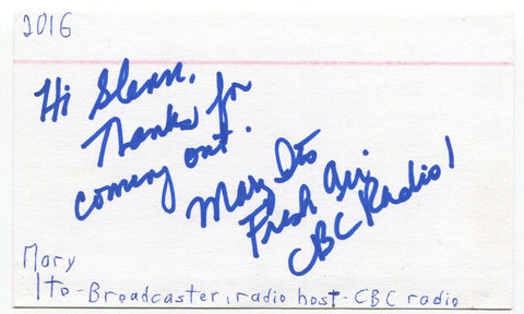 Mary Ito Signed 3x5 Index Card Autographed Signature Canadian TV Radio Host