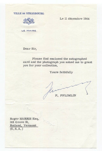 Pierre Pflimlin Signed Letter TLS Autographed Signature Prime Minister of France