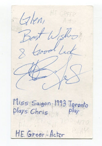 H.E. Greer Signed 3x5 Index Card Autographed Actor Miss Saigon Guiding Light