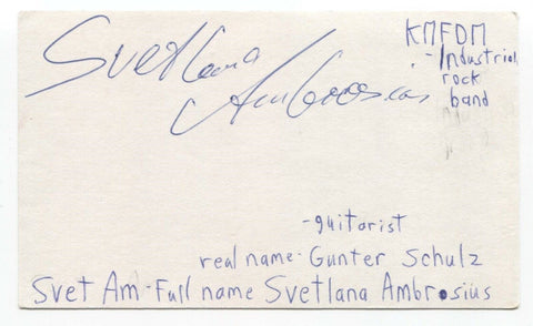 KMFDM - Gunter Schulz Signed 3x5 Index Card Autograph Svetlana Ambrosius Svet Am