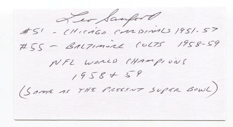 Leo Sanford Signed 3x5 Index Card Autographed NFL Football 1958 Baltimore Colts