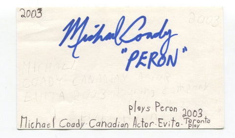 Michael Coady Signed 3x5 Index Card Autograph Actor Murdoch Mysteries