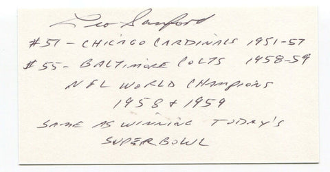 Leo Sanford Signed 3x5 Index Card Autographed NFL Football 1958 Baltimore Colts