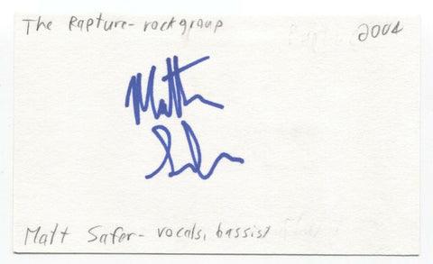 The Rapture - Mattie Safer Signed 3x5 Index Card Autographed Signature Band