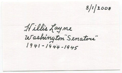 Hillis Layne Signed 3x5 Index Card Autographed Senator MLB Baseball Senators