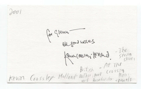 Kevin Crossley Signed 3x5 Index Card Autographed Signature Author Writer