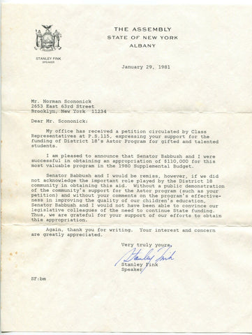 Stanley Fink Signed Letter Autographed Signature New York Politician