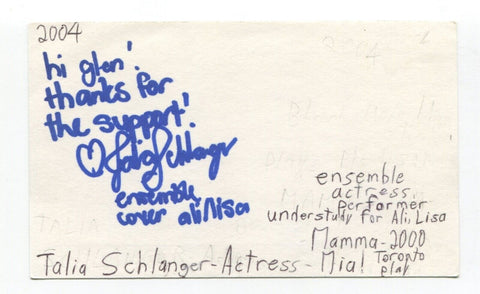 Talia Schlanger Signed 3x5 Index Card Autograph Actress Degrassi