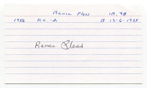 Rance Pless Signed 3x5 Index Card Autographed Baseball MLB Kansas City Athletics