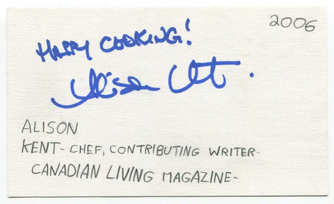 Alison Kent Signed 3x5 Index Card Autographed Canadian Living Chef