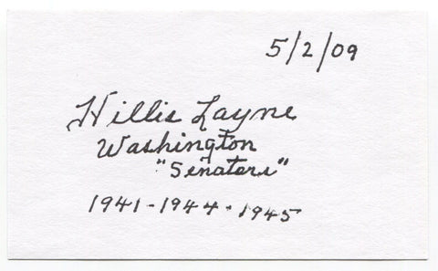 Hillis Layne Signed 3x5 Index Card Autographed Senator MLB Baseball Senators