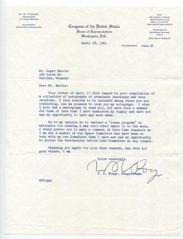 William R. Poage Signed Letter Autographed Signature Texas Politician