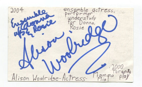 Alison Woolridge Signed 3x5 Index Card Autographed Actress Street Legal