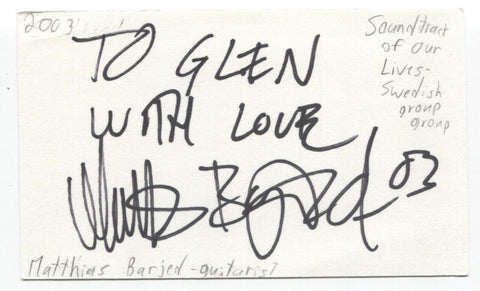 The Soundtrack Of Our Lives - Mathias Barjed Signed 3x5 Index Card Autographed