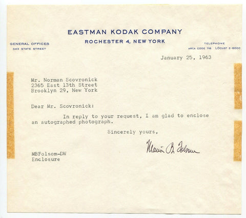 Marion Folsom Signed Letter Autographed Signature TLS Health Secretary Kodak