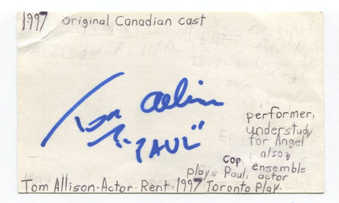 Thom Allison Signed 3x5 Index Card Autographed Actor Rent Killjoys