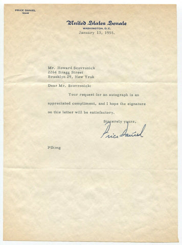 Price Daniel Signed Letter Autographed Signature Texas Governor Senator