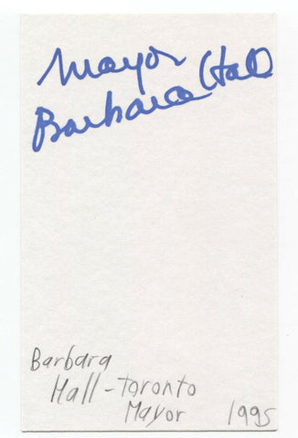 Barbara Hall Signed 3x5 Index Card Autographed Signature Toronto Mayor