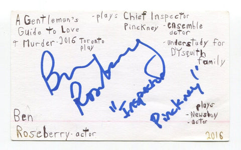Ben Roseberry Signed 3x5 Index Card Autographed Actor A Gentleman's Guide