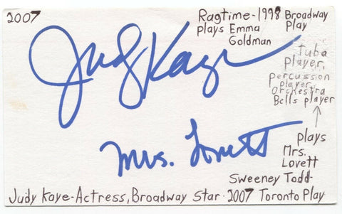 Judy Kaye Signed 3x5 Index Card Autographed Signature Actress