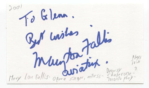 Mary Lou Fallis Signed 3x5 Index Card Autographed Signature Opera Singer