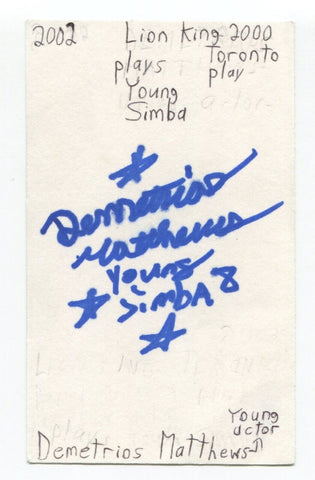 Demetrios Matthews Signed 3x5 Index Card Autographed Actor Lion King Play