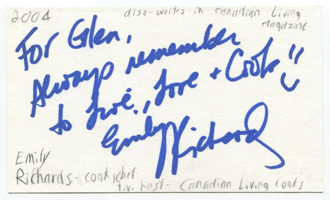 Emily Richards Signed 3x5 Index Card Autographed Signature Canadian Living Chef