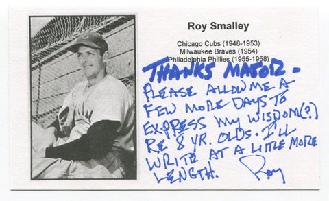 Roy Smalley Signed 3x5 Index Card Autographed MLB Baseball Chicago Cubs