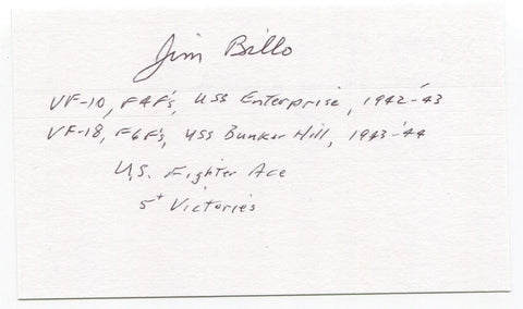 James D. Billo Signed 3x5 Index Card Autographed United States WWII Flying ACE
