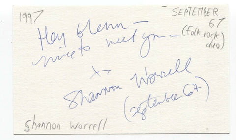 September 67 - Shannon Worrell Signed 3x5 Index Card Autographed Signature