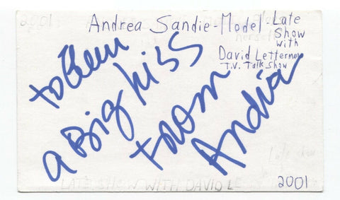 Andrea Sande Signed 3x5 Index Card Autographed David Letterman Show Model