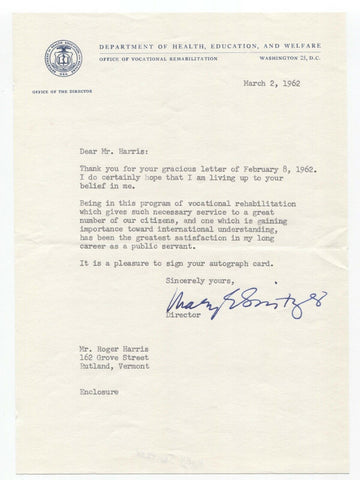 Mary E. Switzer Signed Letter Autographed Signature Director Social Reformer