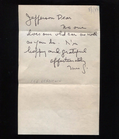 Lee Gershwin - Mrs. Ira Gershwin - Signed Letter Vintage Autographed Note