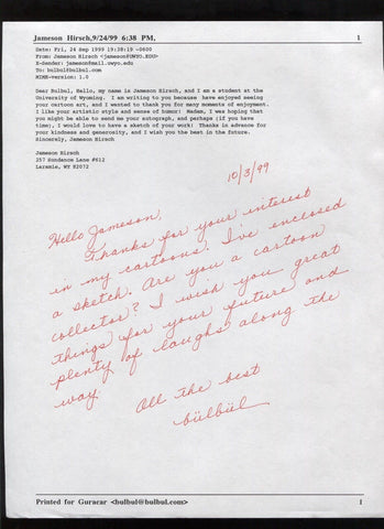 Bulbul Signed Letter Autographed Signature Cartoonist 