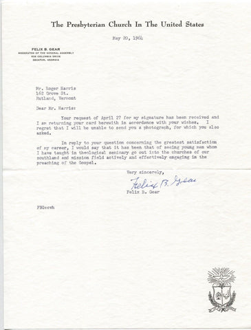 Felix B. Gear Signed Letter Autographed Signature Presbyterian Church Leader 
