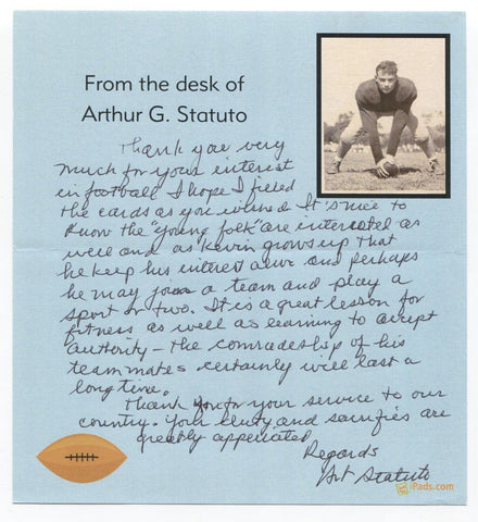 Art Statuto Signed Letter Autograph Football NFL Signature Notre Dame