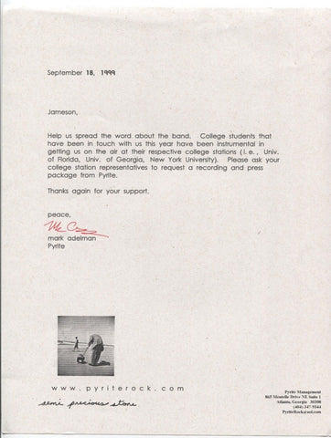 Mark Adelman Signed Letter Autographed Vintage Signature Music Pyrite Band