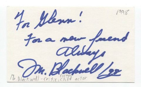 Mr. Blackwell Signed 3x5 Index Card Autographed Signature Richard