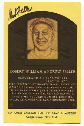Bob Feller Signed Gold HOF Plaque Baseball Hall of Fame Autographed Postcard