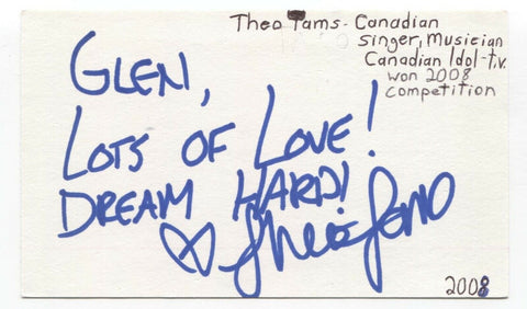 Theo Tams Signed 3x5 Index Card Autographed Signature Canadian Idol Singer