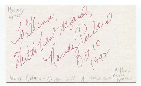 Nancy Pickard Signed 3x5 Index Card Autographed Signature Author Writer