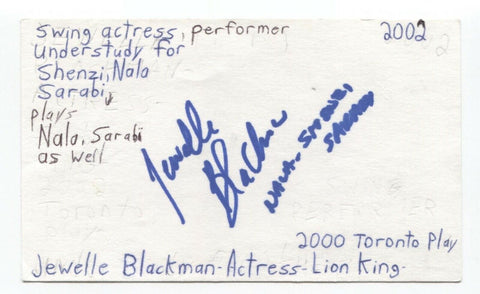 Jewelle Blackman Signed 3x5 Index Card Autographed Signature Actress