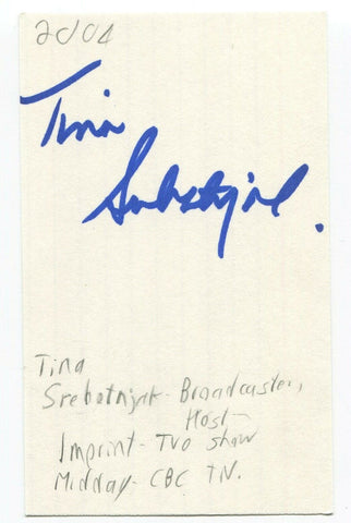 Tina Srebotnjak Signed 3x5 Index Card Autographed Signature Canadian Journalist