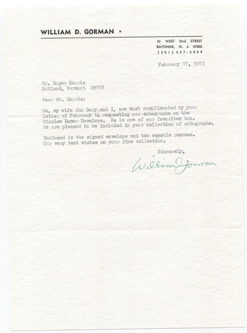 William Gorman Signed Letter Autographed Artist Signature