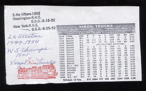 Virgil Trucks Signed Stat Sheet Autographed Baseball Signature No Hitter