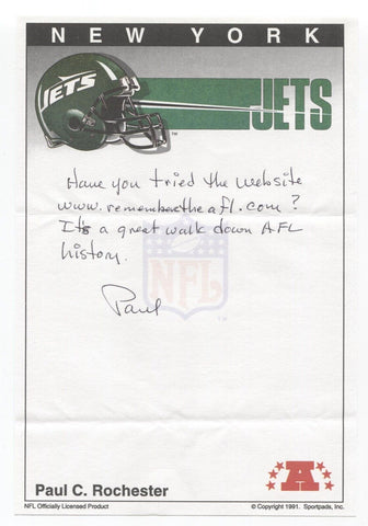 Paul Rochester Signed Letter Note Autograph Football NFL New York Jets Superbowl