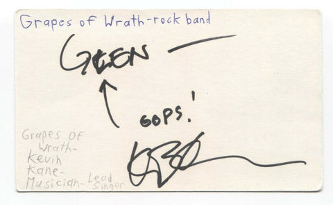 Grapes of Wrath Kevin Kane Signed 3x5 Index Card Autographed Signature