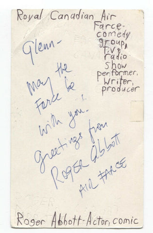 Roger Abbott Signed 3x5 Index Card Autograph Signature Royal Canadian Air Farce